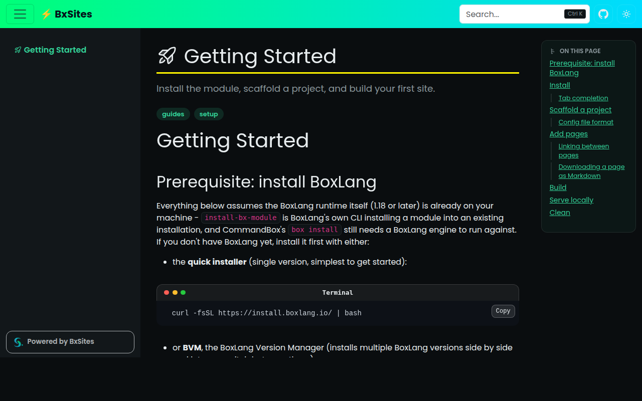 A documentation page built with bxSites in dark mode, with the navigation tree on the left and the page's table of contents on the right