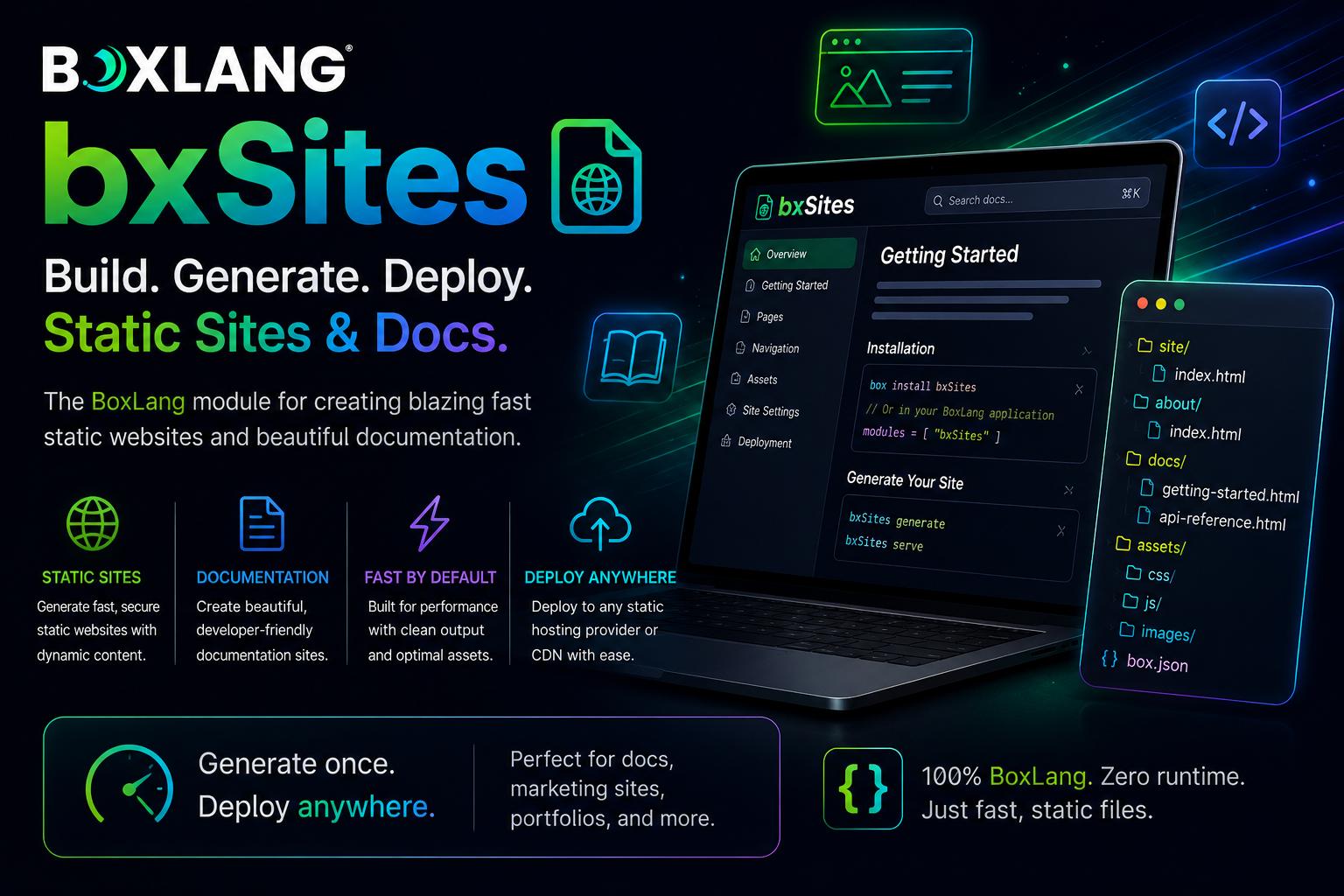 BxSites - Scrivi. Compila. Pubblica documentazione bellissima. Il motore di documentazione ufficiale per BoxLang. Basato su Markdown, temi bellissimi, ricerca fulminea, pensato per gli sviluppatori.